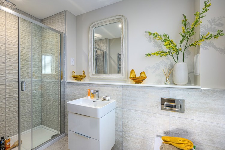 4 bedroom plus study showhome | modern en suite with walk-in shower and chrome fixtures