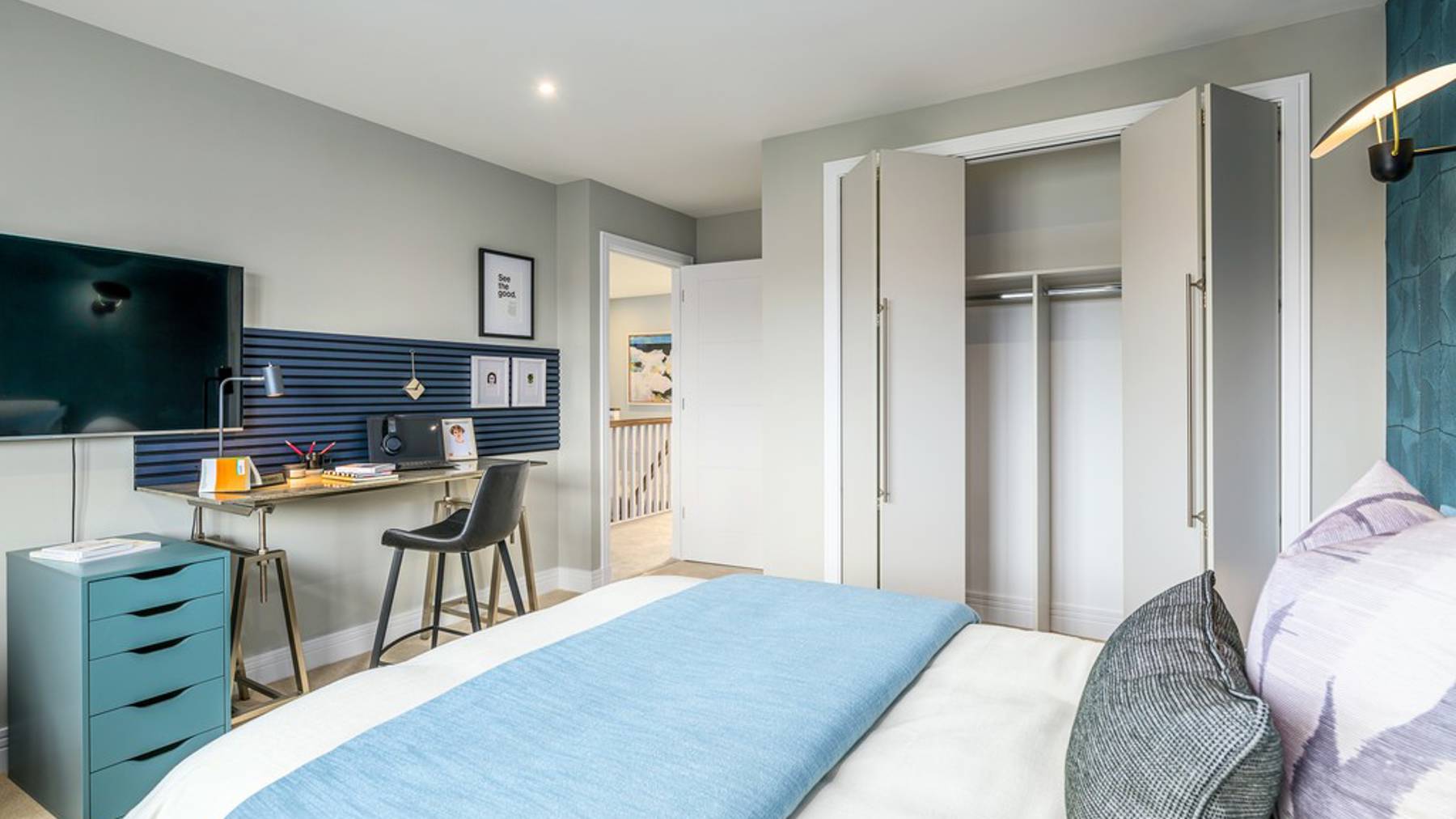 5 bedroom showhome | bedroom with fitted wardrobes and stand-out decor