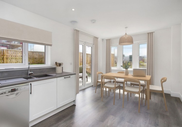 3 bedroom showhome | open plan kitchen and dining area with French doors to rear garden