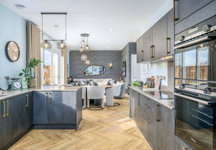 5 bedroom showhome | open plan studio-style kitchen, dining and family area with bi-fold doors to garden