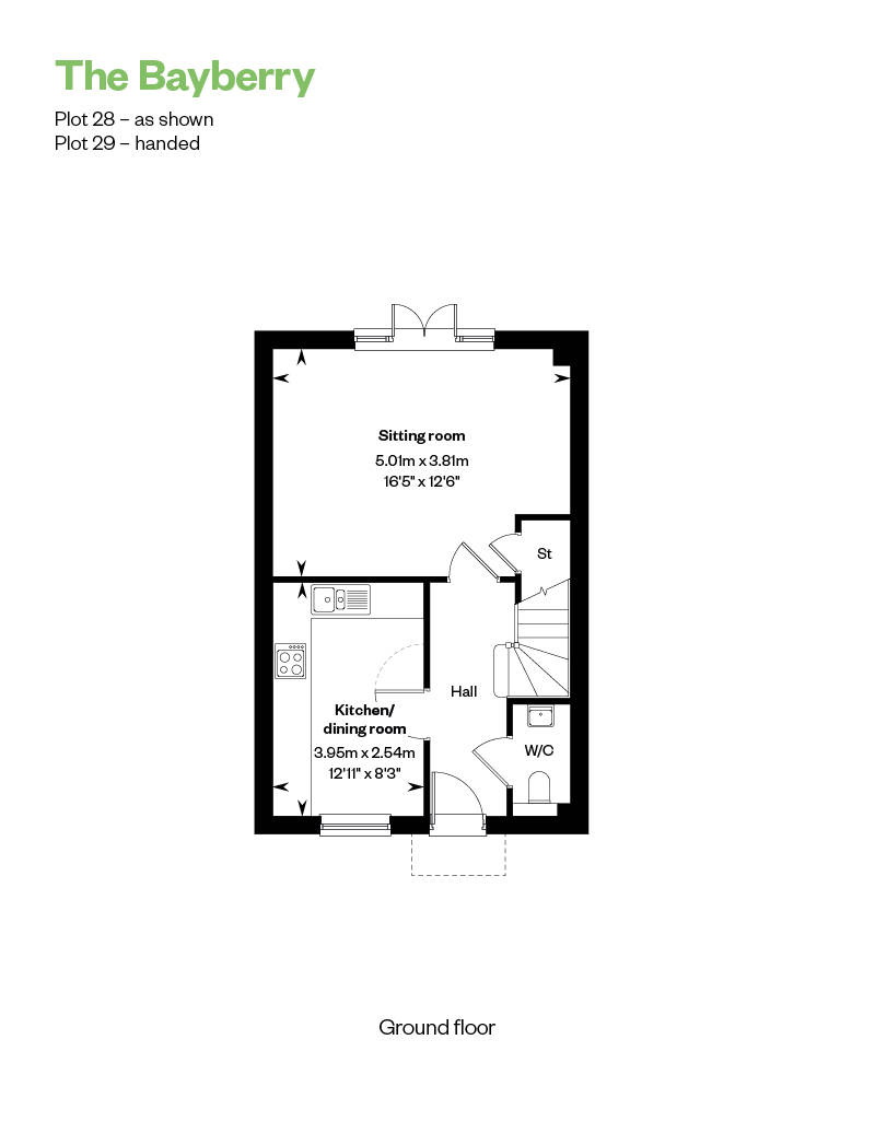 Ground Floor Floorplan for 2 bedroom home built by CALA Homes at The Orchards in Purton, Wiltshire, near Swindon