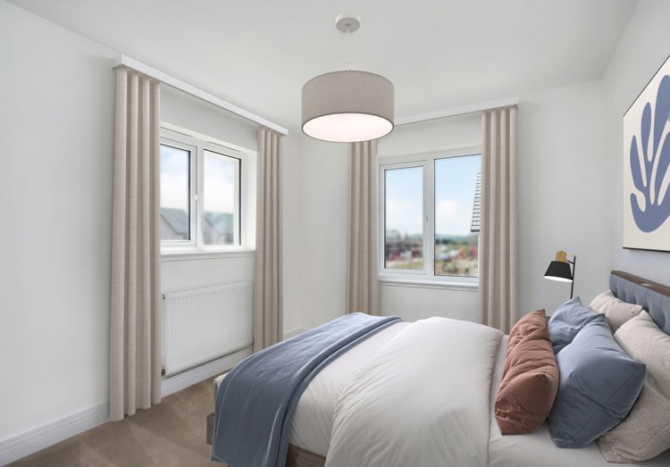3 bedroom showhome | second bedroom with built-in storage and soft neutral tones