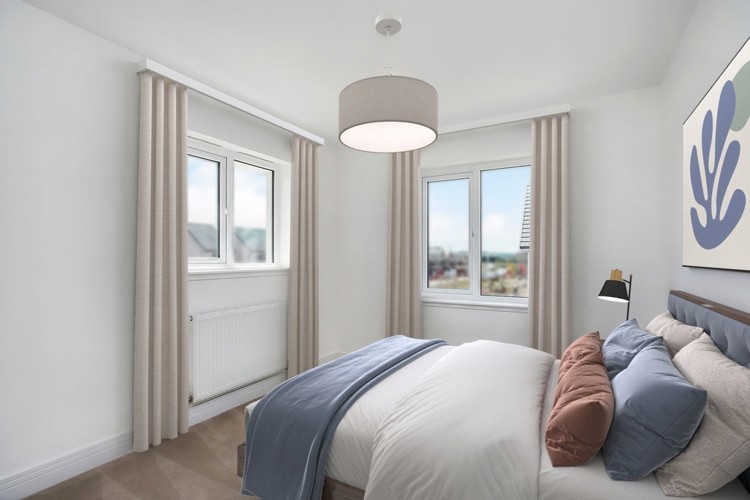 3 bedroom showhome | second bedroom with built-in storage and soft neutral tones