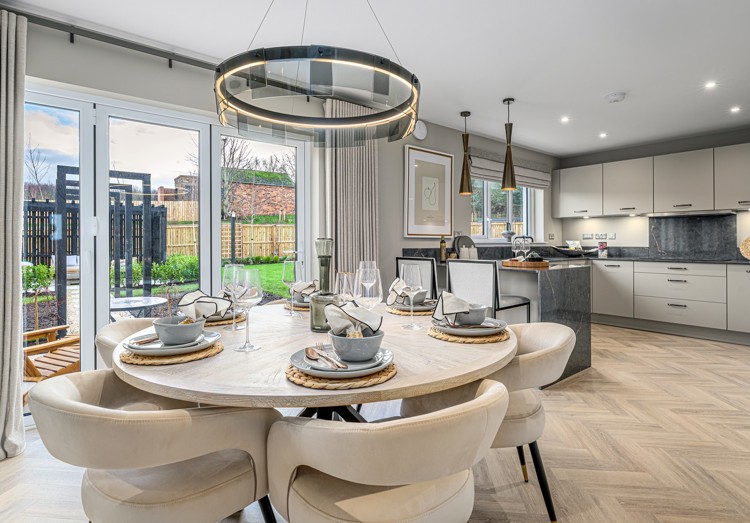4 bedroom plus study showhome | open plan kitchen, dining area with bi-fold doors to the rear garden and patio